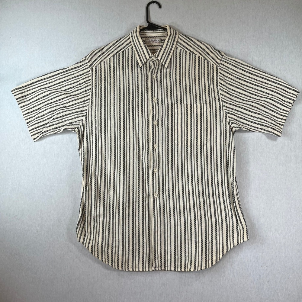 Vintage Murano Shirt Mens L Cream Black Striped S/S B/D Cotton Textured 1990s